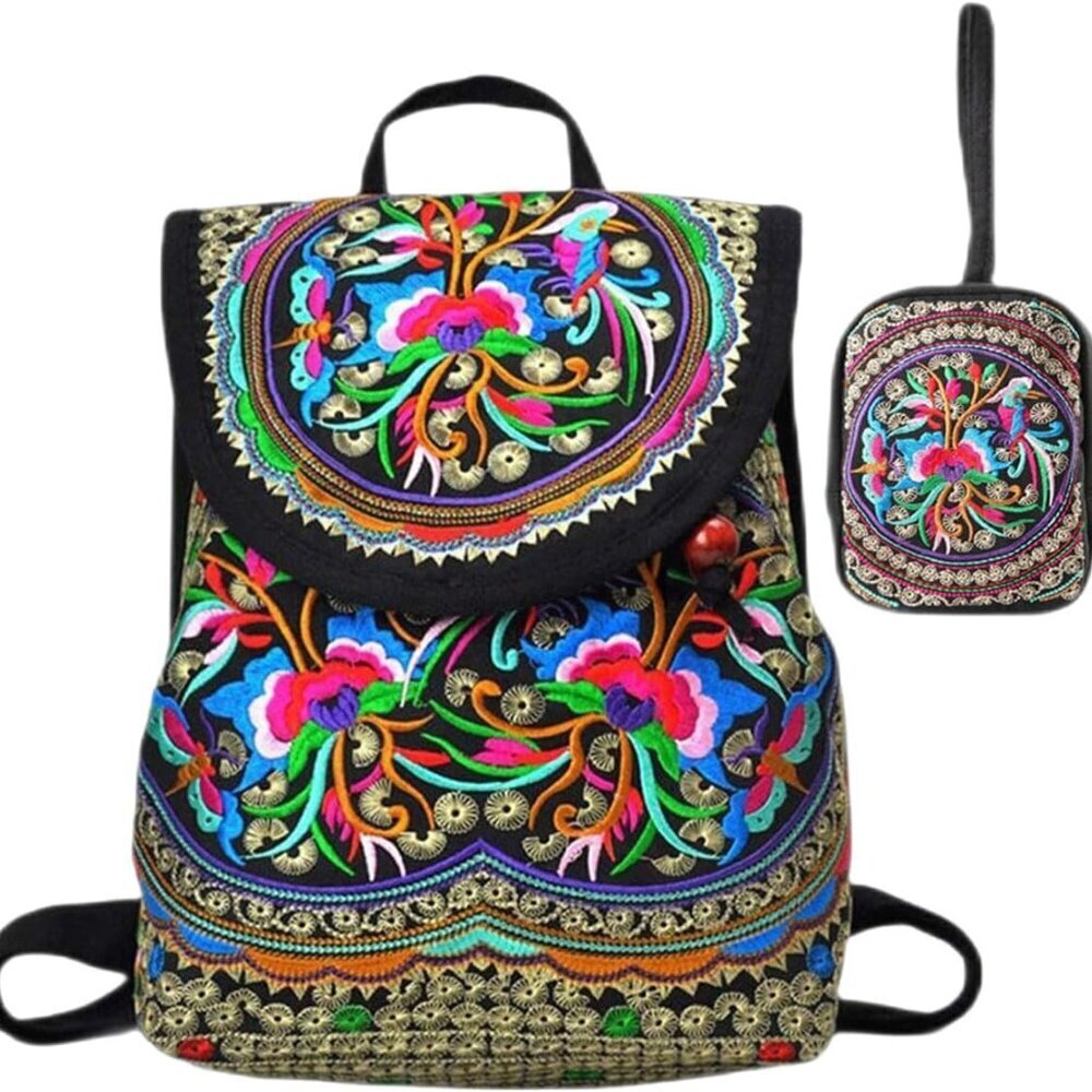 Vintage Embroidered Women Backpack Ethnic Travel Shoulder Purse 2 Pack